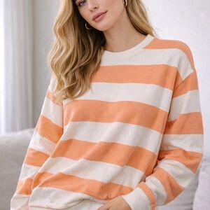 Striped Crew Neck Sweater - Peach Pink and White
